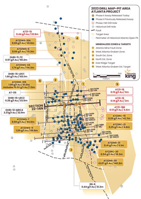 Figure 1.  Location map for holes reported in this news release along drill section22-014N  relative to the perimeter of the historical Atlanta Pit and footprint of the Gustavson 2020 NI 43-101 resource. Shallow drillholes on the mine dumps have been removed from the plot for clarity. (CNW Group/Nevada King Gold Corp.)