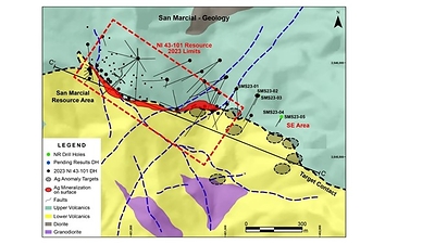 Figure 1:  San Marcial SE Area Step Out Drilling Program - Location of 2023 Drill Holes (CNW Group/GR Silver Mining Ltd.)