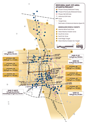 Figure 1.  Location map for the hole reported in this news release along drill Section22-11N relative to the perimeter of the historical Atlanta Pit. Shallow drillholes on the mine dumps have been removed from the plot for clarity. (CNW Group/Nevada King Gold Corp.)