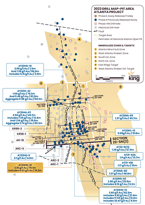 Figure 1.  Location map for the hole reported in this news release along drill Section22-5N(2) relative to the perimeter of the historical Atlanta Pit. Shallow drillholes on the mine dumps have been removed from the plot for clarity. (CNW Group/Nevada King Gold Corp.)