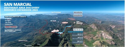 Figure 1: View southwest of the San Marcial Area showing the SE Area discovery, the target contact extending to the southeast, and the surface silver anomalies identified along the contact. (CNW Group/GR Silver Mining Ltd.)