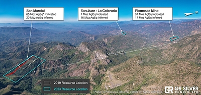 Figure 2 - Location of the Three Areas Integrated in the Pllomosas Project Resource Estimate (CNW Group/GR Silver Mining Ltd.)