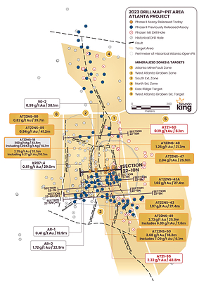 Figure 1. Location map for holes reported in this news release along drill section22-08N  relative to the perimeter of the historical Atlanta Pit and footprint of the Gustavson 2020 NI 43-101 resource. Shallow drillholes on the mine dumps have been removed from the plot for clarity. (CNW Group/Nevada King Gold Corp.)