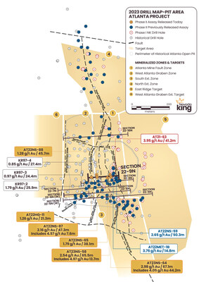 Figure 1.  Location map for holes reported in this news release along drill section22-08N  relative to the perimeter of the historical Atlanta Pit and footprint of the Gustavson 2020 NI 43-101 resource. Shallow drillholes on the mine dumps have been removed from the plot for clarity. (CNW Group/Nevada King Gold Corp.)
