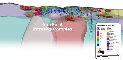 Figure 3.  Iron Point Project – pre-2021 drilling: Leapfrog arsenic model of NW-SE drill holes and preliminary geology long section. View is to the northeast. (CNW Group/Nevada King Gold Corp.)
