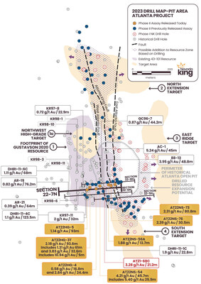 Figure 1.  Location map for holes reported in this news release along drill section22-7N  relative to the perimeter of the historical Atlanta Pit and footprint of the Gustavson 2020 NI 43-101 resource.  Shallow drillholes on the mine dumps have been removed from the plot for clarity. (CNW Group/Nevada King Gold Corp.)