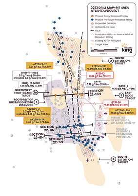 Figure 1.  Location map for holes reported in this news release along drill section 22-16N relative to the perimeter of the historical Atlanta Pit and footprint of the Gustavson 2020 NI 43-101 resource. Shallow drillholes on the mine dumps have been removed from the plot for clarity. (CNW Group/Nevada King Gold Corp.)