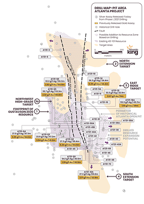 Figure 1: Location of 2021 drill holes containing significant silver intercepts in relation to the three major strands of the AMFZ. The 2021 drilling sought to expand the Gustavson 2020 resource zone eastward from the East Atlanta Fault strand, while the 2022 drill program concentrated on better defining higher-grade mineralization concentrated within and along the three strands of the AMFZ. (CNW Group/Nevada King Gold Corp.)
