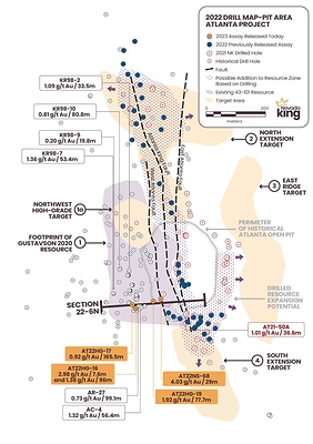 Figure 1. Location map for holes reported in this news release along Cross section 22-6N  relative to the perimeter of the historical Atlanta Pit and footprint of the Gustavson 2020 NI 43-101 resource. Shallow drillholes on the mine dumps have been removed from the plot for clarity. (CNW Group/Nevada King Gold Corp.)
