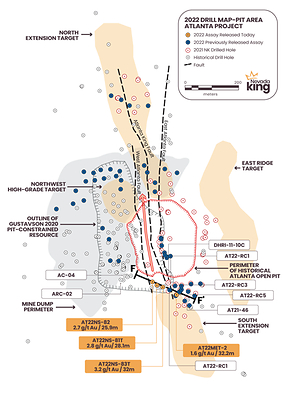 Figure 1. Location map for holes reported in this news release along section F-F’ relative to the perimeter of the historical Atlanta Pit and 2020 Gustavson pit shell. (CNW Group/Nevada King Gold Corp.)