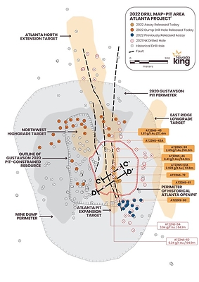 Figure 1. Location map for holes reported in this news release relative to the perimeter of the historical Atlanta Pit and 2020 Gustavson pit shell. (CNW Group/Nevada King Gold Corp.)