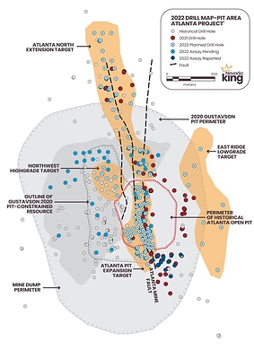 Figure 1. Location of Nevada King’s 2022 completed and planned drill holes as well as Nevada King’s 2021 drill holes relative to historical drill holes and the 2020 Gustavson gold resource zone and pit perimeter. (CNW Group/Nevada King Gold Corp.)