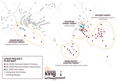 Figure 2. Locations of 2021 RC drill holes (blue dots) and planned 2022 RC drill holes (red and dark red dots) relative to major exploration targets and existing roads (black dashed and dotted lines). Targets as denoted by the purple hatched areas are defined by vectors derived from historical drill results together with surface sample results. Historical drill holes shown by small white dots. (CNW Group/Nevada King Gold Corp.)