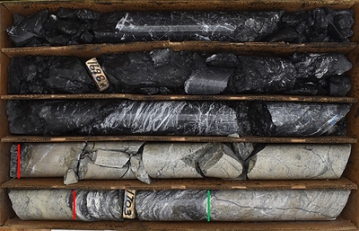 Figure 4. Drill hole IP22-004 from 517-519.5m (1696.5-1704.5ft).  Black carbonaceous micritic limestone, decalcified and silicified, with strong calcite-quartz-pyrite veining, in hanging wall of structural zone occupied by a narrow fine-grained intrusive dike (between the red lines). The footwall contact of the structure is sheared and sulfidized, and the limestone below (to the right of the green line) has been bleached and altered to marble. (CNW Group/Nevada King Gold Corp.)