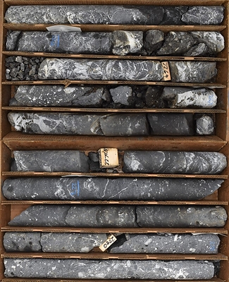 Figure 7. Drill hole IP22-005 from 689.9-695.9m (2263.5-2283ft). Interval consists of strongly brecciated/milled clasts of silicified limestone, set in carbonaceous groundmass with fine-grained “sooty” sulfides. The interval is located in a structural zone below the contact with the overlying granodiorite intrusive body. (CNW Group/Nevada King Gold Corp.)
