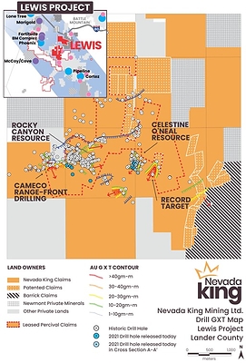 Figure 1. Distribution of historical drill holes at Lewis in relation to contoured Grade X Thickness and historical resource zones. Red arrows denote vector direction of Au mineralization. Location of Nevada King’s 2021 RC drill holes (blue dots) and historical drill holes (black circles). (CNW Group/Nevada King Gold Corp.)