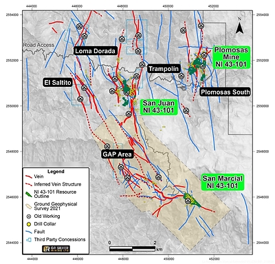 Figure 1 – Resource Estimation Areas – Plomosas Mine and San Juan Areas(1)
(1) New Au-Ag targets of the ongoing Drill Program are shown in black (CNW Group/GR Silver Mining Ltd.)