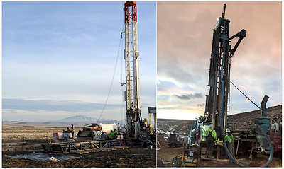 Figure 1.  Left: Mud-rotary rig drilling IP22-003 pre-collar along the RFZ. The Lone Tree Mine Complex (~8Moz Au) is visible in the background. Right: RC rig drilling the IP22-001 precollar in the Fairway Zone. (CNW Group/Nevada King Gold Corp.)