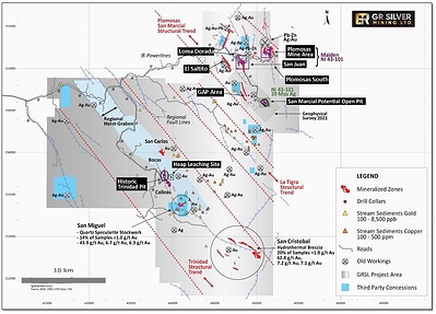 Figure 1: District Scale Ag-Au System Covering Three Key Trends – the Plomosas-San Marcial, La Tigra and Trinidad Structural Trends (CNW Group/GR Silver Mining Ltd.)