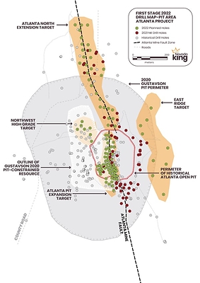 Figure 1.  Location of planned 2022 drill holes and targets relative to previous drilling and Gustavson 2020 gold resource. (CNW Group/Nevada King Gold Corp.)