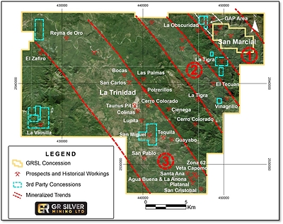 Figure 2   La Trinidad Concession – Mineralized Trends and Historical Workings (CNW Group/GR Silver Mining Ltd.)