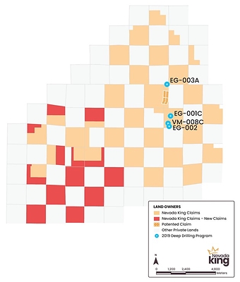Figure 2: Iron Point Gold Project claim map, with locations of 2019 gold program drill holes highlighted in blue and the 303 recently staked claims in red. (CNW Group/Nevada King Gold Corp.)