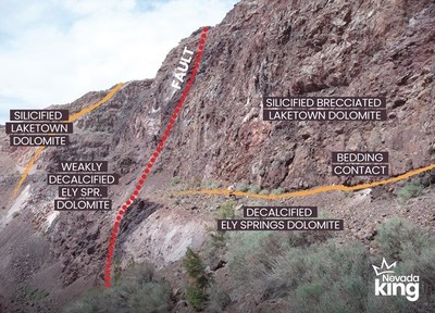 Figure 5. View to the northeast along the east wall of the Atlanta pit looking at fault offset in Laketown Dolomite – Ely Springs Dolomite contact. Bedding contact at left of photo dips westward due to folding. Black bands are concentrations of manganese and iron oxides along strongly decalcified contacts in Ely Springs Dolomite. (CNW Group/Nevada King Gold Corp.)