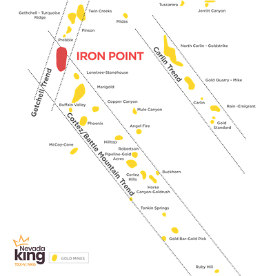 Figure 1: Iron Point is located at the intersection of the Cortez/Battle Mountain Trend and the Getchell Trend, which have combined historic production of 200 million oz of gold. (CNW Group/Nevada King Gold Corp.)