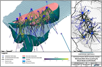 Figure 1: Wicheeda Deposit Updated Geological Model Showing PEA Mineral Resource Pit Shell (isometric view looking east) (CNW Group/Defense Metals Corp.)