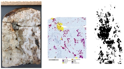 Figure 1. Wicheeda REE Drill Core (Left) Showing Bastnaesite Mineralization (Purple) QEMSCAN® (Middle), And Modified X-Ray Image (Right) (CNW Group/Defense Metals Corp.)