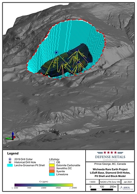 Figure 1. Wicheeda REE Deposit LiDaR Bare Earth Terrain Model Showing Diamond Drilling and Resource Block Model and Pit Shell (CNW Group/Defense Metals Corp.)