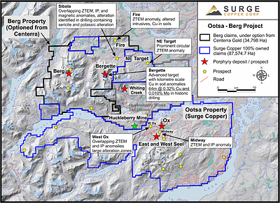 Figure 3. Property Map Highlighting Regional Exploration Targets. (CNW Group/Surge Copper Corp.)