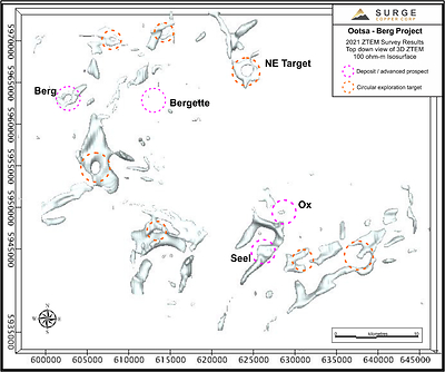 Figure 2. 3D view of ZTEM 3D inversion results, 100 Ohm-metre isosurface. (CNW Group/Surge Copper Corp.)