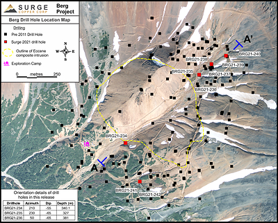 Figure 1. Berg drill hole location map (CNW Group/Surge Copper Corp.)