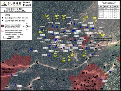 Figure 1. Drill hole location map for the Seel Breccia Zone. (CNW Group/Surge Copper Corp.)