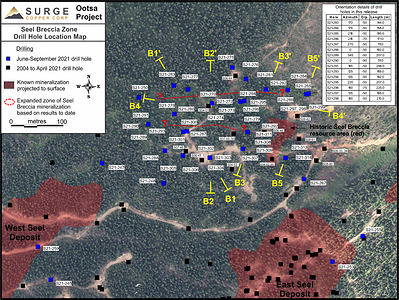 Figure 1. Drill hole location map for the Seel Breccia Zone. (CNW Group/Surge Copper Corp.)