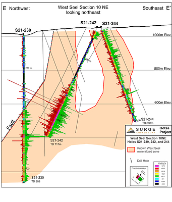 Figure 4. West Seel long section 10NE showing results for holes S21-242 and 244, and the previously reported S21-230. See Figure 1 for section location. (CNW Group/Surge Copper Corp.)