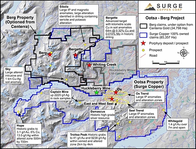 Figure 1. Claim map of the Ootsa-Huckleberry-Berg district highlighting known deposits and prospects. (CNW Group/Surge Copper Corp.)