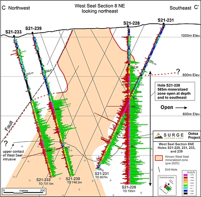 Figure 2. West Seel Cross Section C-C’ showing results for holes S21-228, 231, 233, and 239. See Figure 1 for section location. (CNW Group/Surge Copper Corp.)