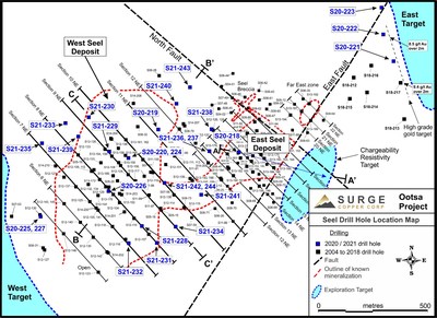 Figure 2. Plan map of drill hole locations for 2020-2021 Ootsa drill program. (CNW Group/Surge Copper Corp.)