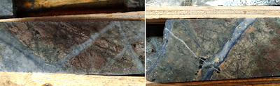 Figure 1. Mineralized drill core from hole S20-220. Left: moderate biotite hornfels cut by stockwork quartz-chalcopyrite-molybdenite veins. Right: molybdenite rich quartz veins with bleached sericite altered halos cutting maroon biotite hornfels. (CNW Group/Surge Copper Corp.)