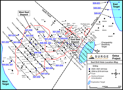Figure 4. Plan map of drill hole locations for ongoing drill program at Ootsa. (CNW Group/Surge Copper Corp.)