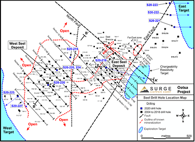 Figure 1. Plan map of drill hole locations for ongoing drill program at Ootsa. (CNW Group/Surge Copper Corp.)
