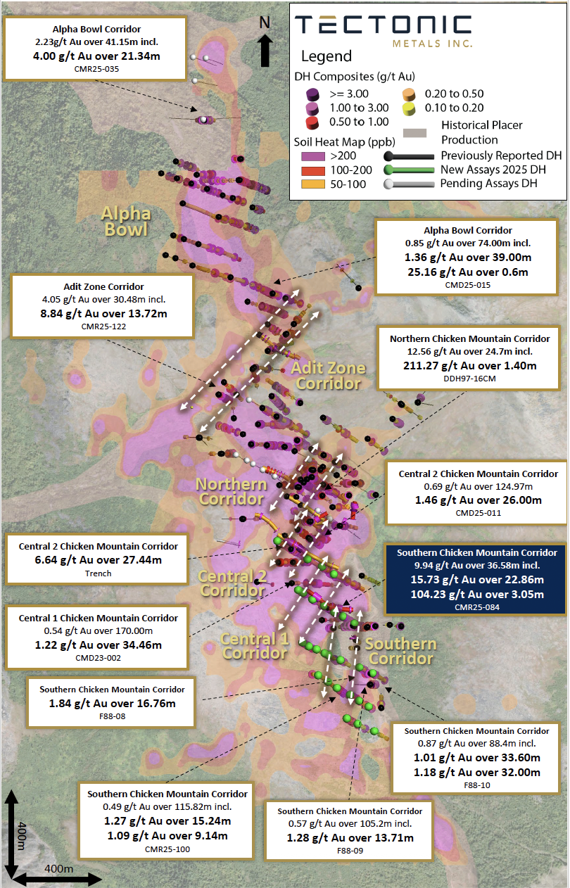 Figure 2: Plan View of Chicken Mountain, highlighting the interpreted higher grade corridors can be viewed at: CLICK HERE TO VIEW FIGURE 2