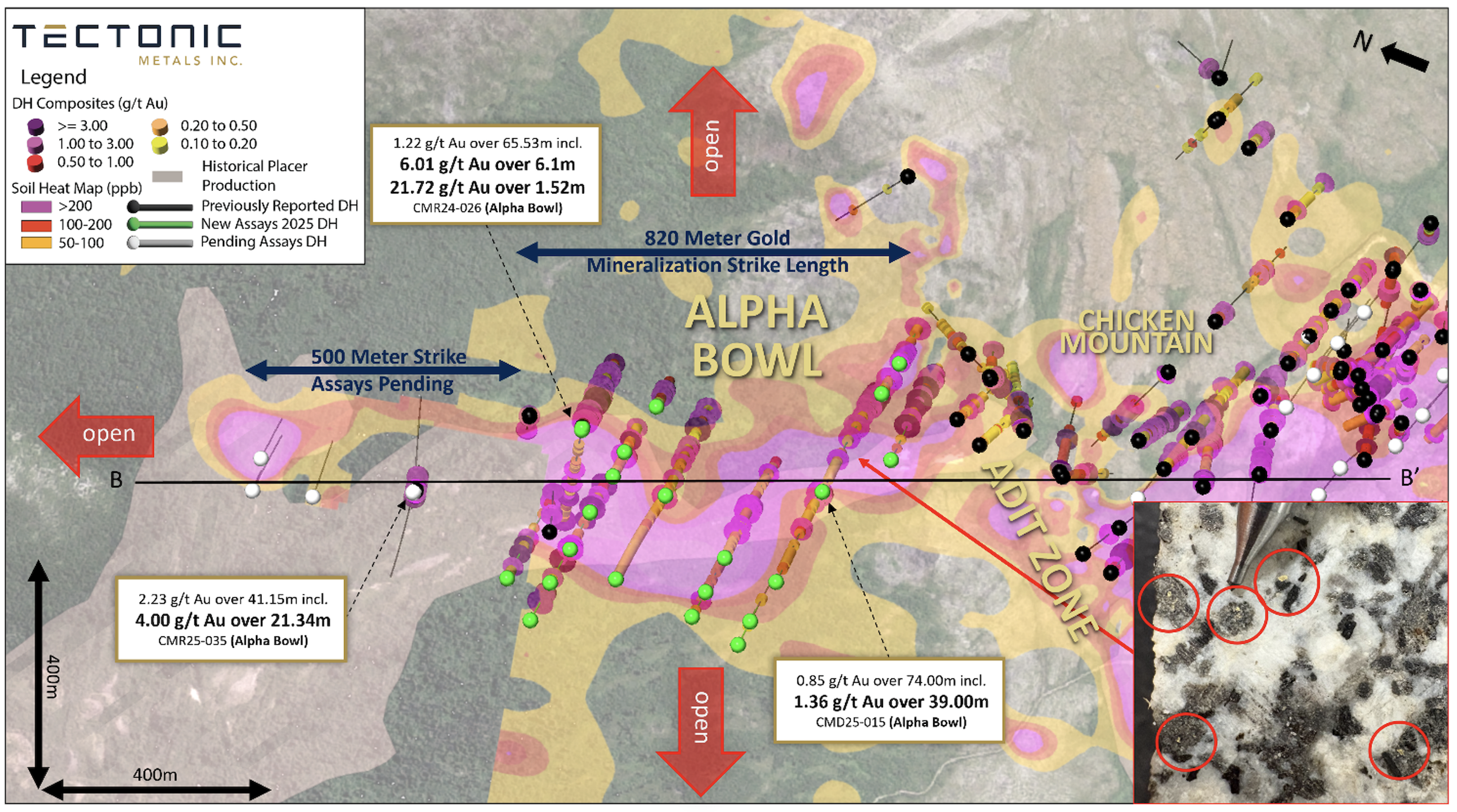 Figure 3: Plan View of Alpha Bowl, highlighting the mineralization strike and openness of the target, drill results and pending drill hole assays can be viewed at: https://www.tectonicmetals.com/_resources/news/nr-20260115-Figure3-with-title.png