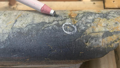 Figure 1: Visible gold (circled in white) at the margin of a massive quartz-stibnite vein in hole TBDD21-001 at 82.9m down hole (CNW Group/Tectonic Metals Inc.)