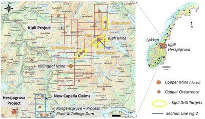 Figure 1. Location of the Kjøli Deeps and Kjøli Mine targets, in addition to section line for Figure 2. (CNW Group/Capella Minerals Limited)