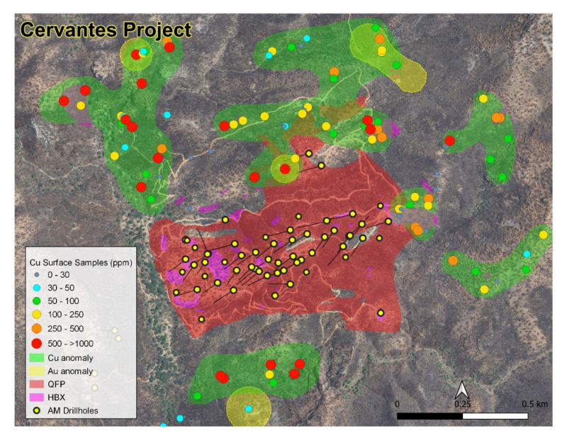 Figure 2: California Target with mineralized lithologies, outcrop Cu
sample locations, Au and Cu sample influence halos