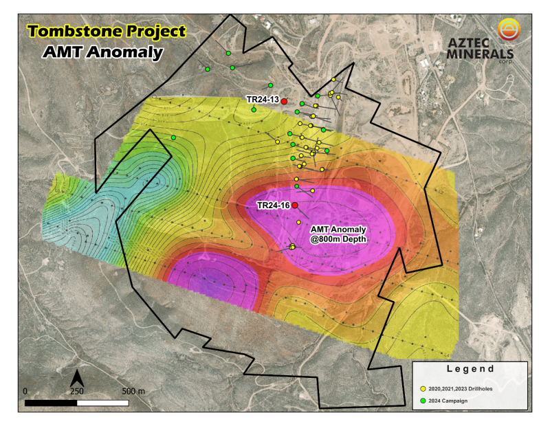 Figure 2: Tombstone Project map view
of Aztec completed drillholes with AMT anomalies (800 m depth, Zonge,
2020
   

    1
   

    )