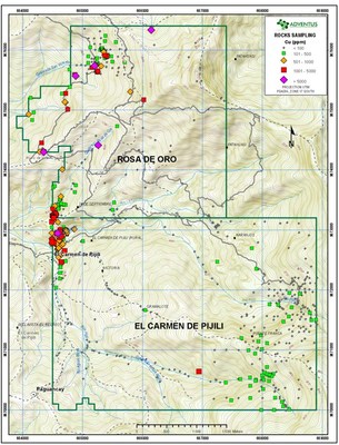 Figure 5: Rock Geochemistry Map (Copper) for Rosa de Oro and Carmen de Pijili Concessions, Pijili Project (CNW Group/Adventus Mining Corporation)